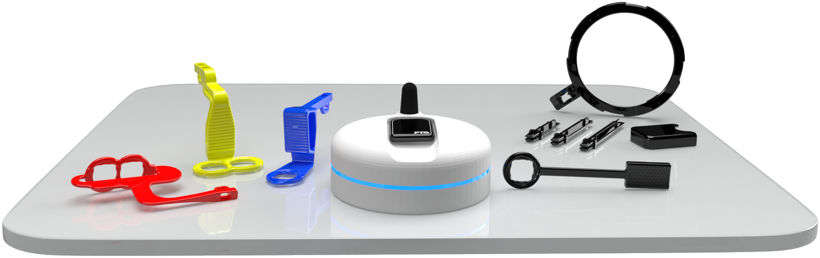 Everything in the DC-Air Starter Kit laid out: sensor, docking station, cable, and Zero Profile holders