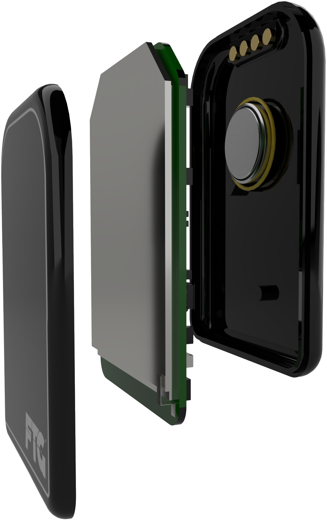 Exploded view of the DC-Air sensor's internals: sealed housing, battery, electronics, and the single-crystal direct-conversion silicon detector
