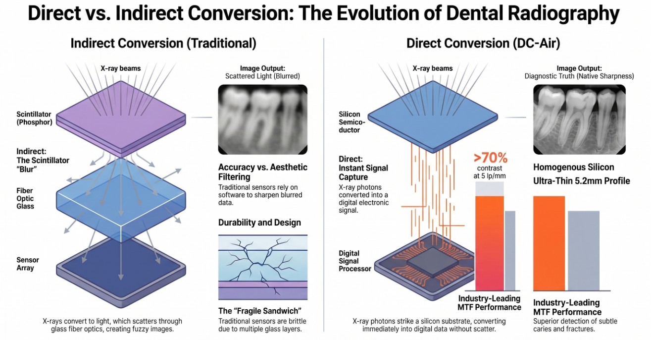 Figure 3. Comparison of indirect and direct conversion in dental radiography highlights the advantages of direct conversion. This method offers instant signal capture and higher image clarity without the blurring or fragility issues seen in traditional systems.